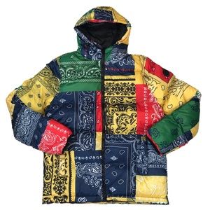 Men’s “Colorful Bandana” puff jacket. Size S, M, L, and XL.